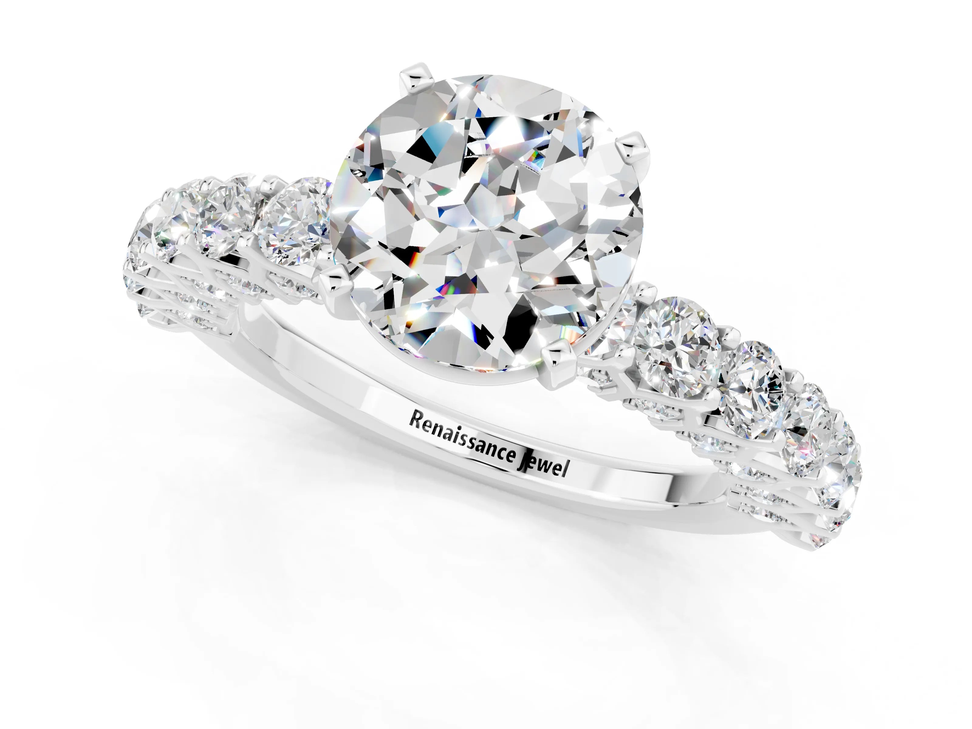 White gold Round Cut Moissanite Solitaire Ring with Shared Prong Pavé Band and Four-Prong Setting_1