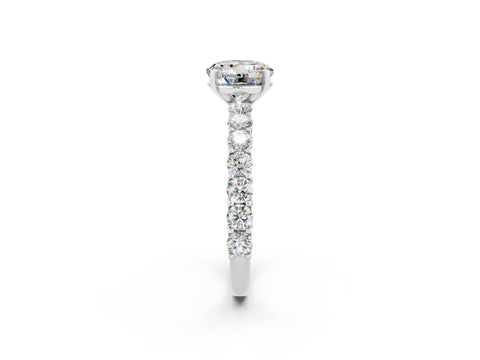 White gold Round Cut Moissanite Solitaire Ring with Shared Prong Pavé Band and Four-Prong Setting_2