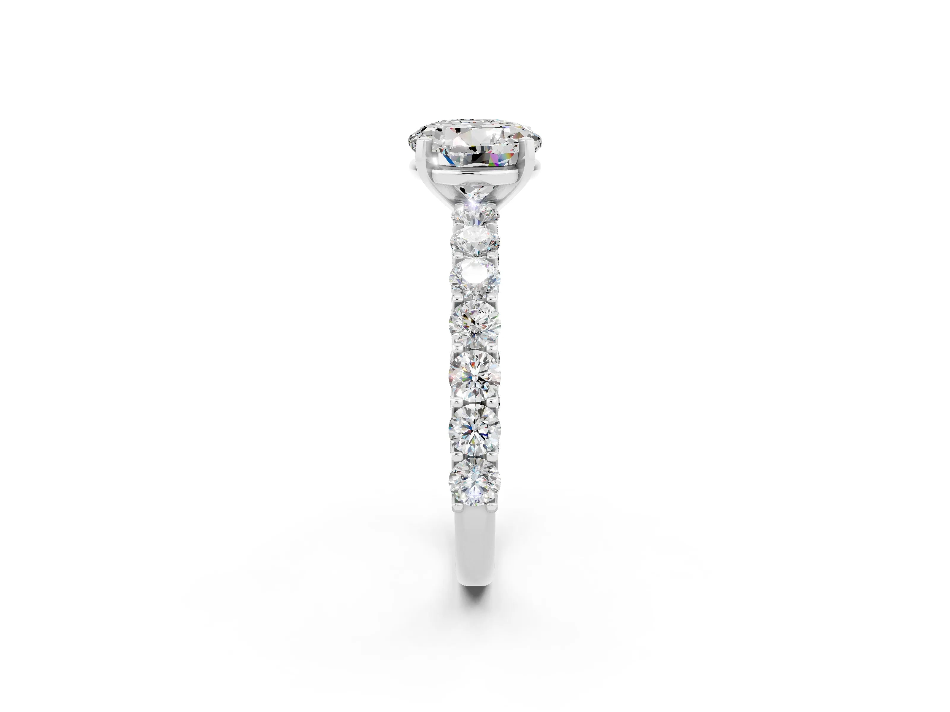 White gold Round Cut Moissanite Solitaire Ring with Shared Prong Pavé Band and Four-Prong Setting_2
