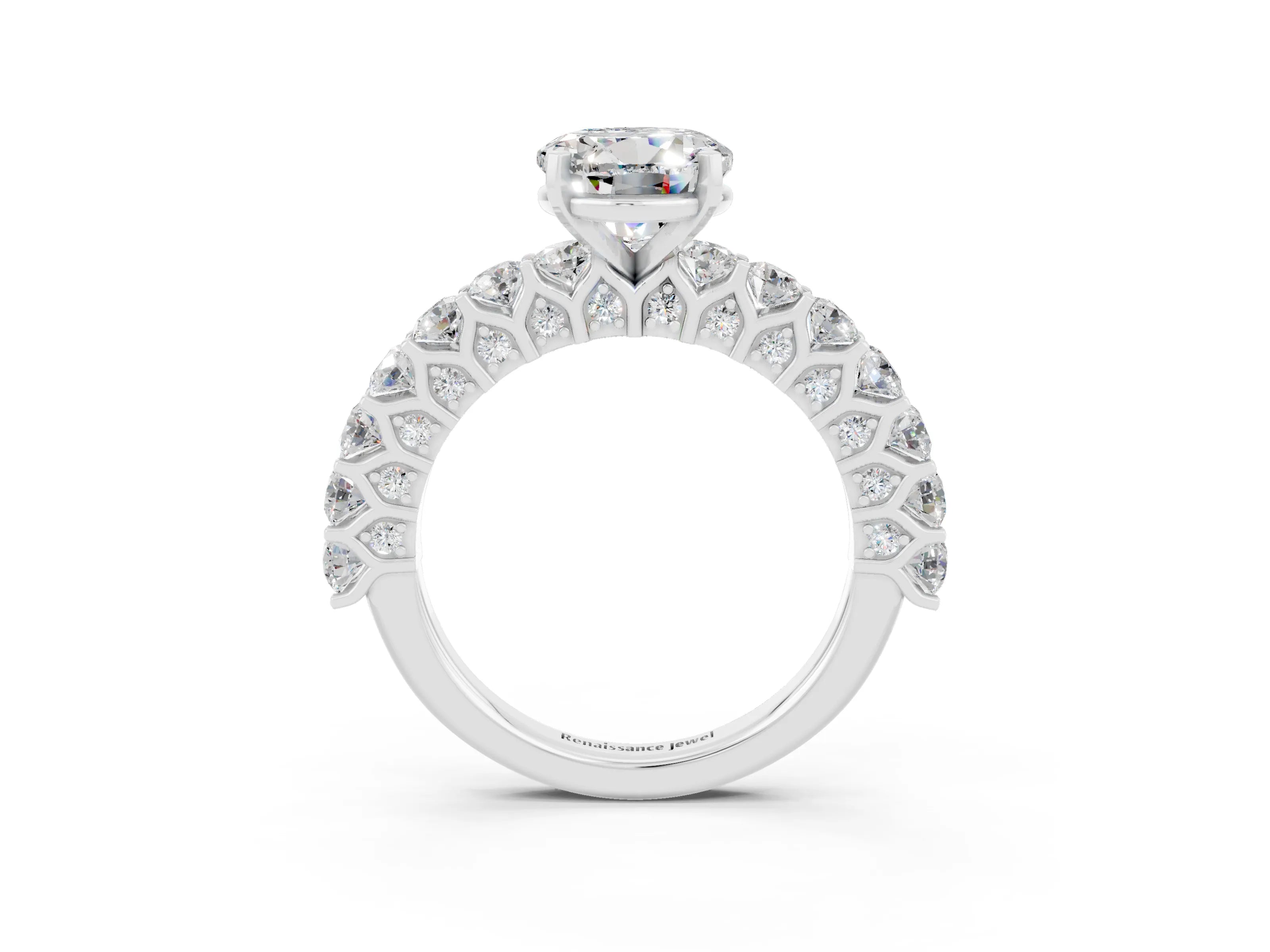 White gold Round Cut Moissanite Solitaire Ring with Shared Prong Pavé Band and Four-Prong Setting_3