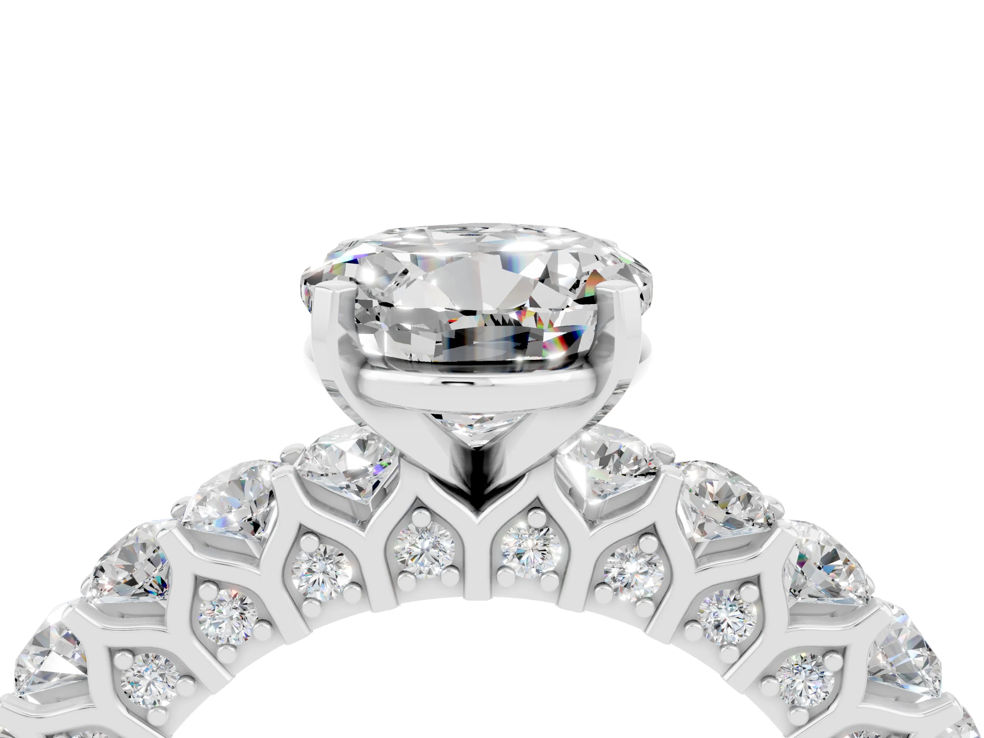 White gold Round Cut Moissanite Solitaire Ring with Shared Prong Pavé Band and Four-Prong Setting_4