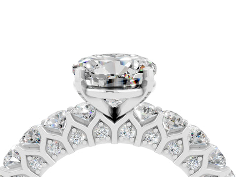 White gold Round Cut Moissanite Solitaire Ring with Shared Prong Pavé Band and Four-Prong Setting_4