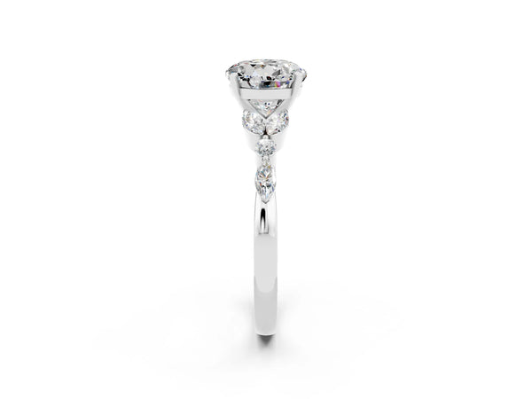 Silver Round Cut Moissanite Solitaire Ring with Side Stones and Four-Prong Setting