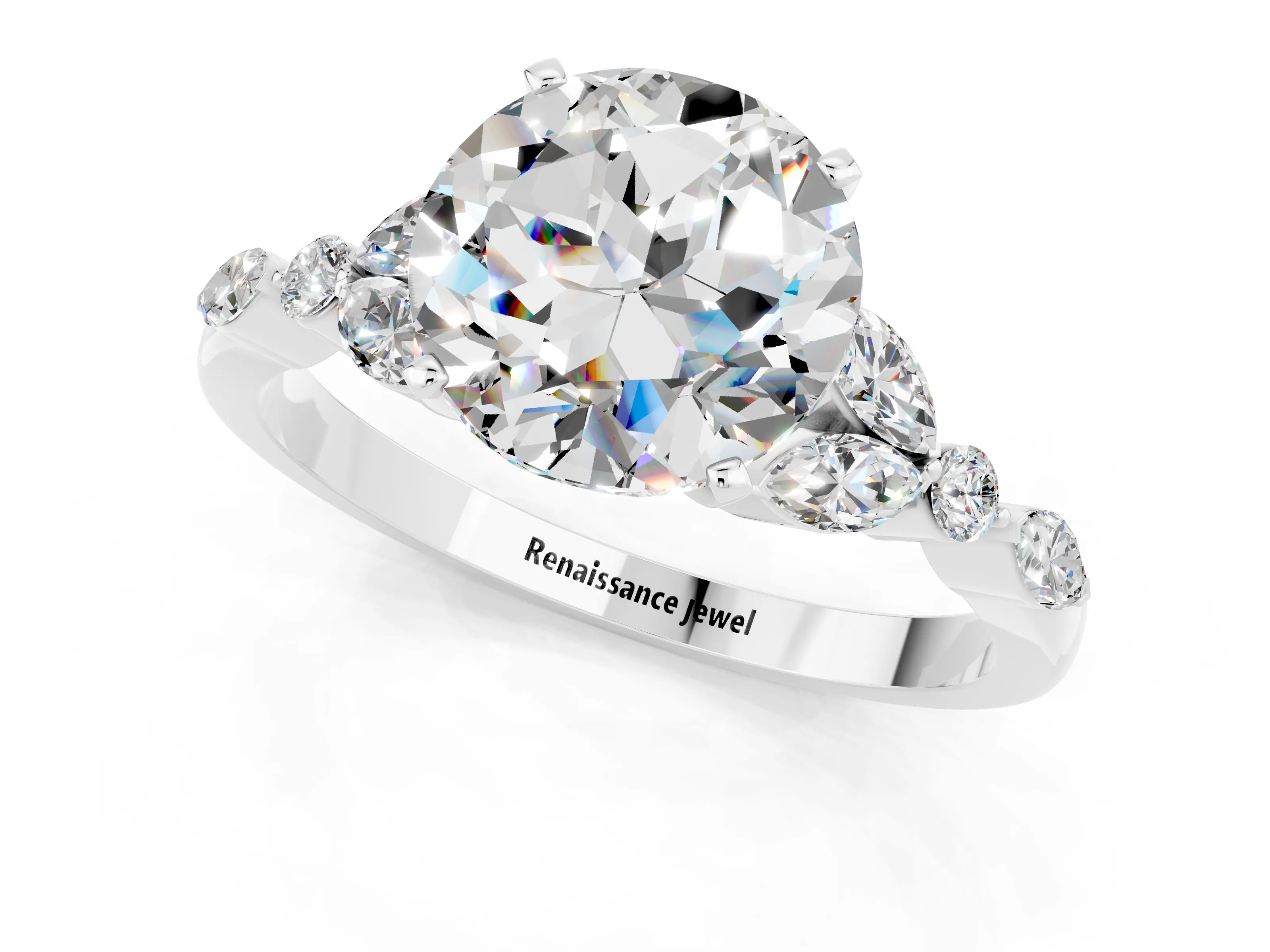 White gold Round Cut Moissanite Solitaire Ring with Side Stones and Four-Prong Setting_25