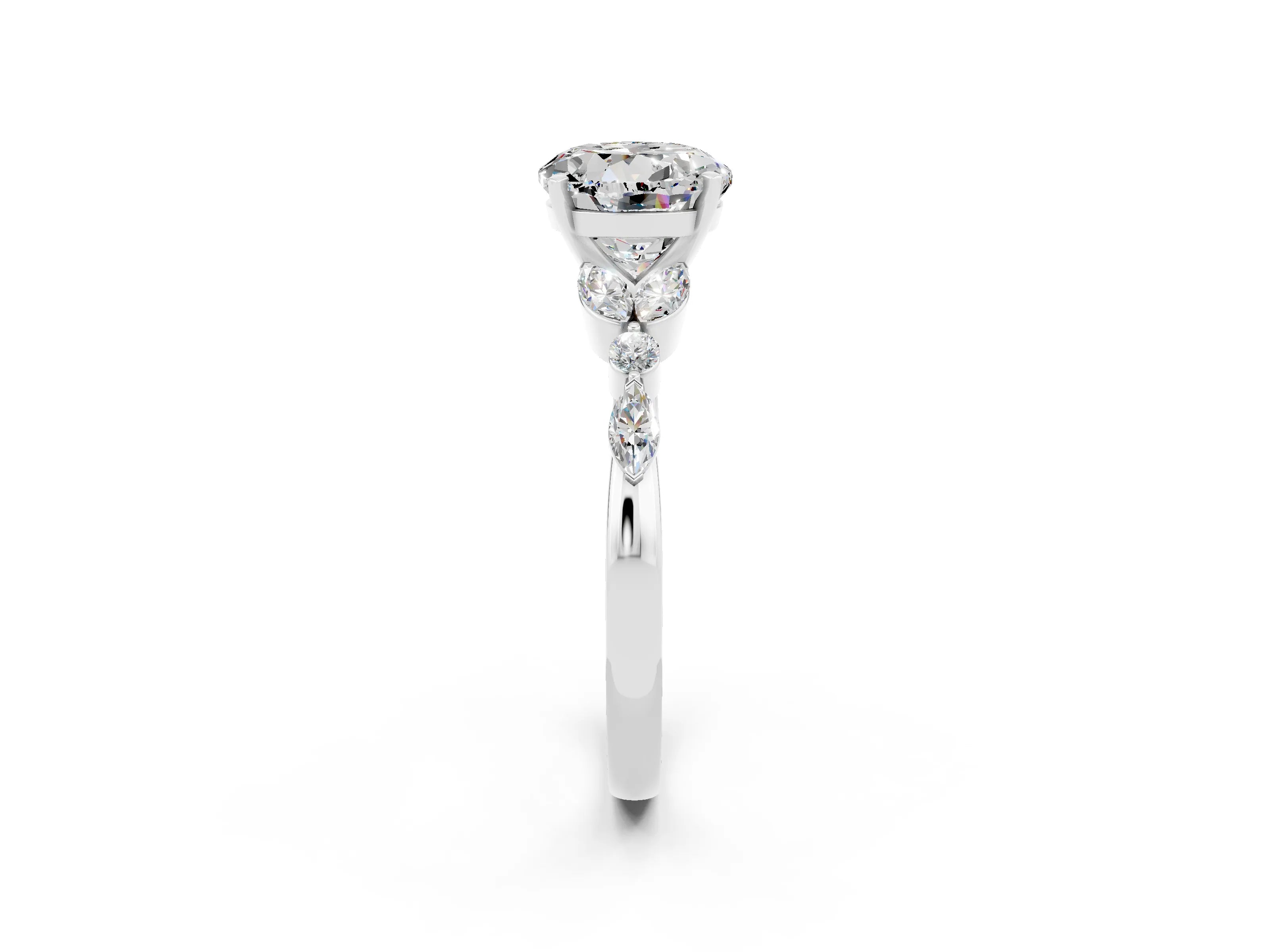 White gold Round Cut Moissanite Solitaire Ring with Side Stones and Four-Prong Setting_26