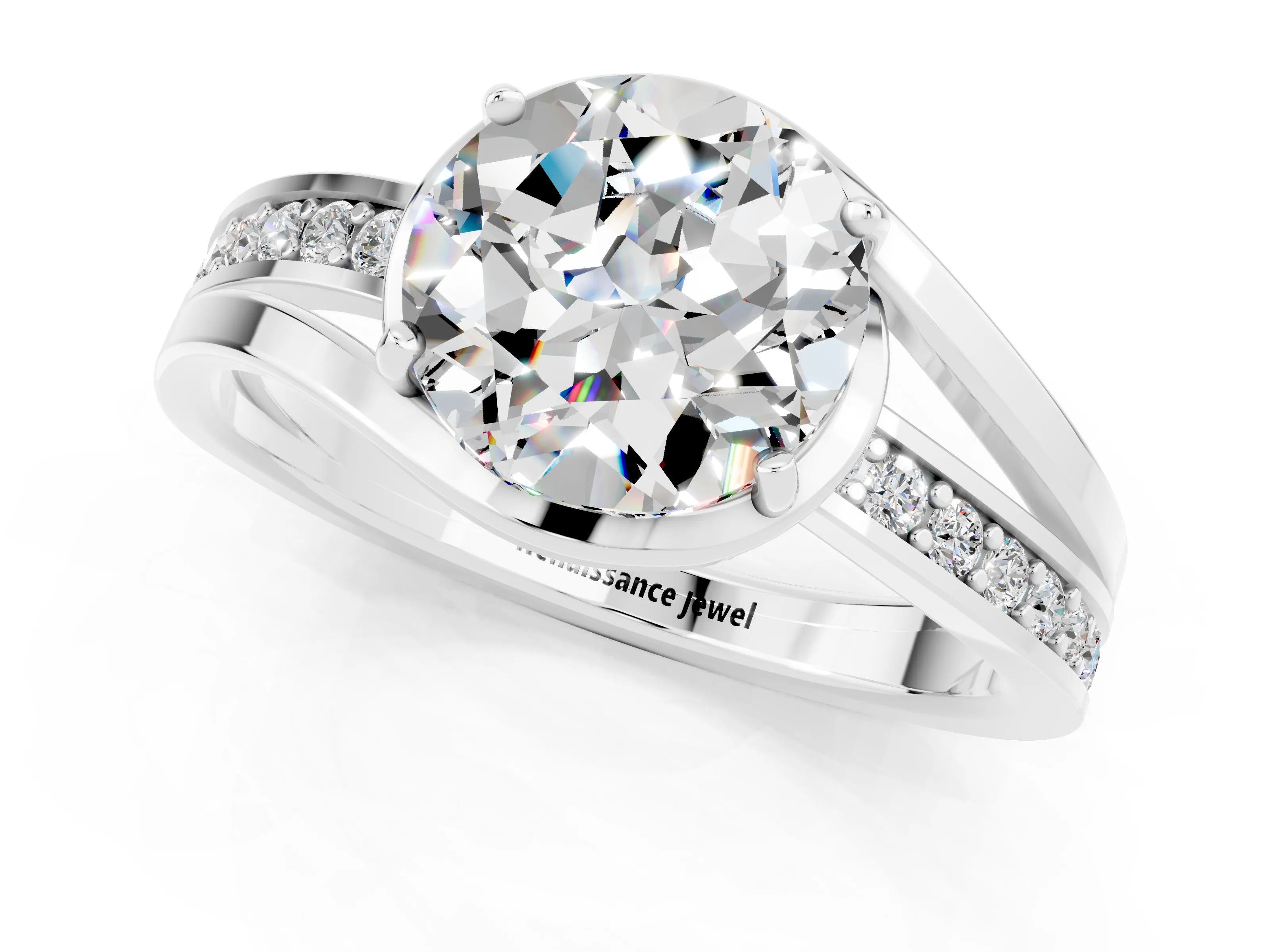 White gold Round Cut Moissanite Solitaire Ring with Split Shank and Prong Setting_1