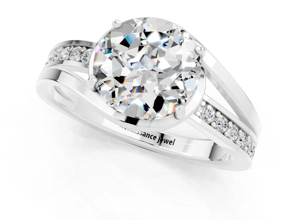 Platinum Round Cut Moissanite Solitaire Ring with Split Shank and Prong Setting