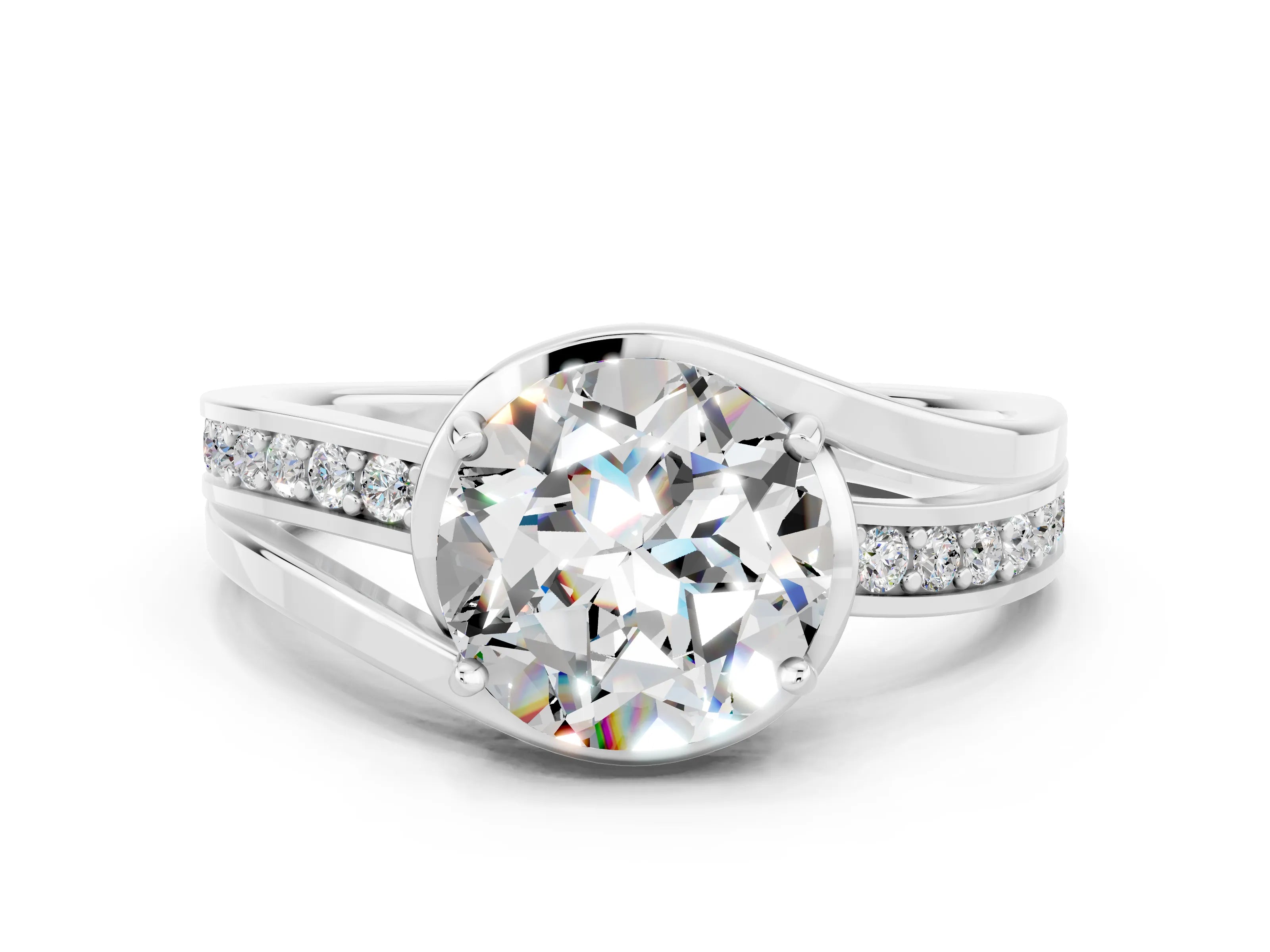 White gold Round Cut Moissanite Solitaire Ring with Split Shank and Prong Setting