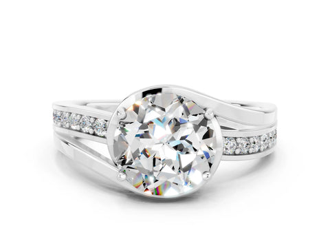 White gold Round Cut Moissanite Solitaire Ring with Split Shank and Prong Setting