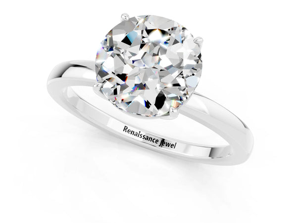 Platinum Round Cut Moissanite Solitaire Ring with Thin Band and Prong Setting