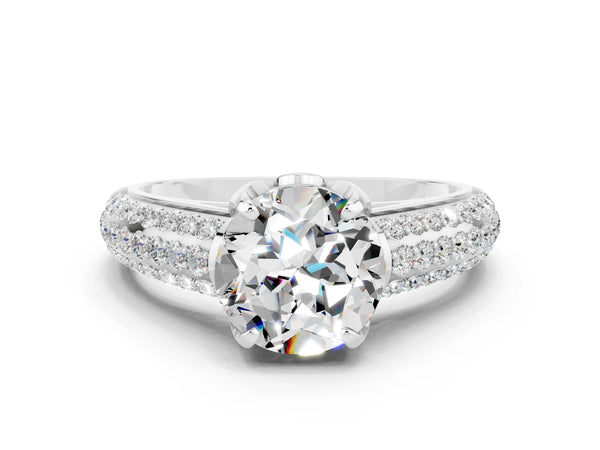 Platinum Round Cut Moissanite Solitaire Ring with Three-Row Pavé Band and Four-Prong Setting