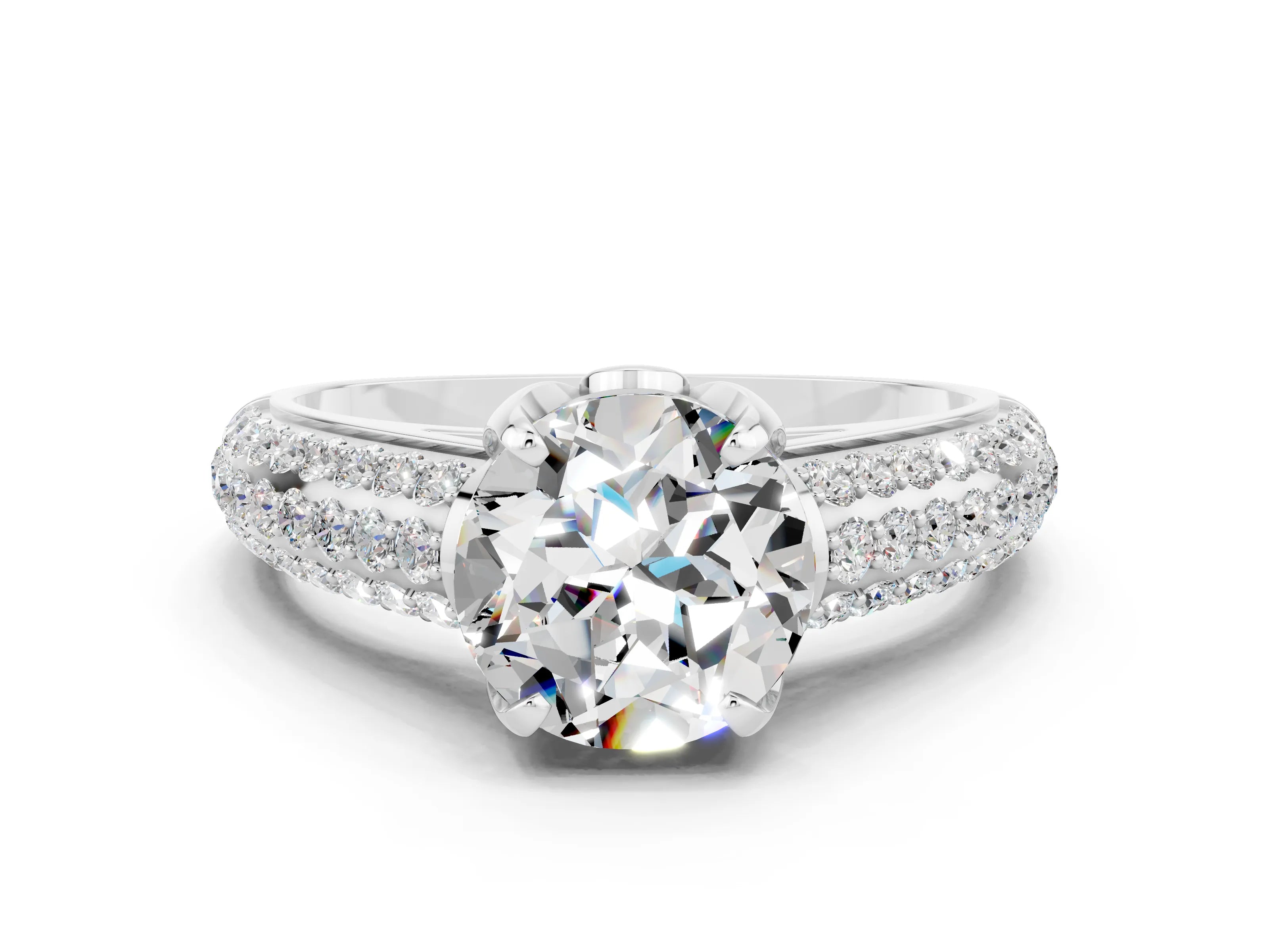 White gold Round Cut Moissanite Solitaire Ring with Three-Row Pavé Band and Four-Prong Setting_12