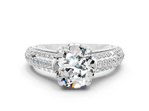 White gold Round Cut Moissanite Solitaire Ring with Three-Row Pavé Band and Four-Prong Setting_12