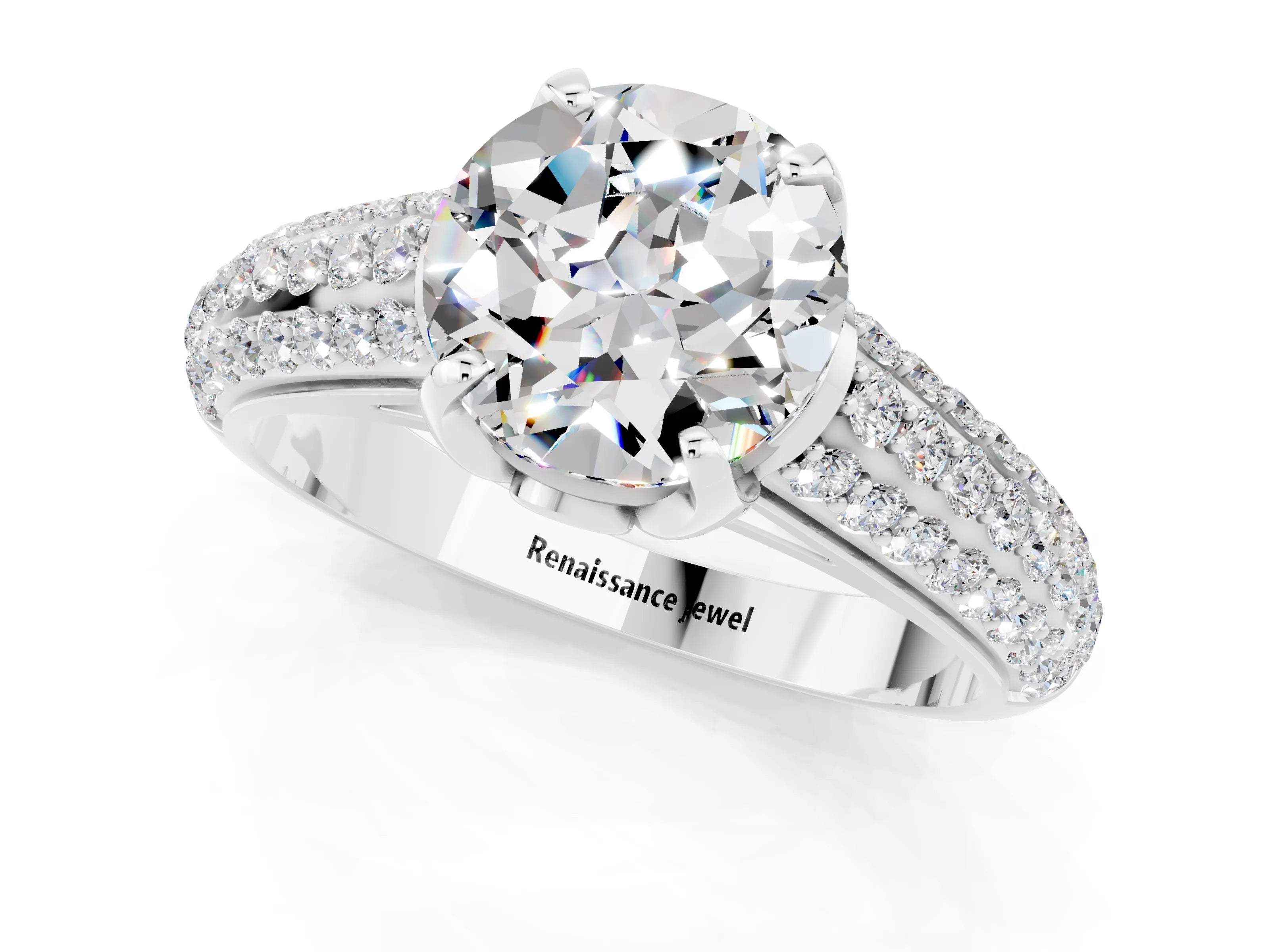 White gold Round Cut Moissanite Solitaire Ring with Three-Row Pavé Band and Four-Prong Setting_13