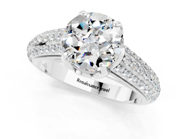 Silver Round Cut Moissanite Solitaire Ring with Three-Row Pavé Band and Four-Prong Setting