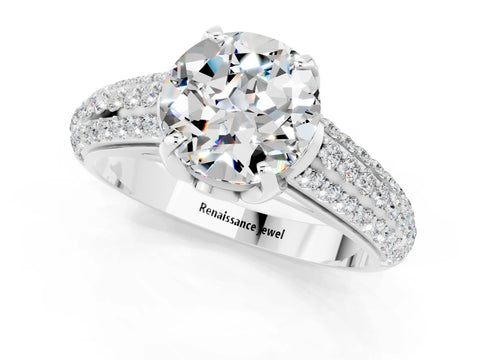 White gold Round Cut Moissanite Solitaire Ring with Three-Row Pavé Band and Four-Prong Setting_13