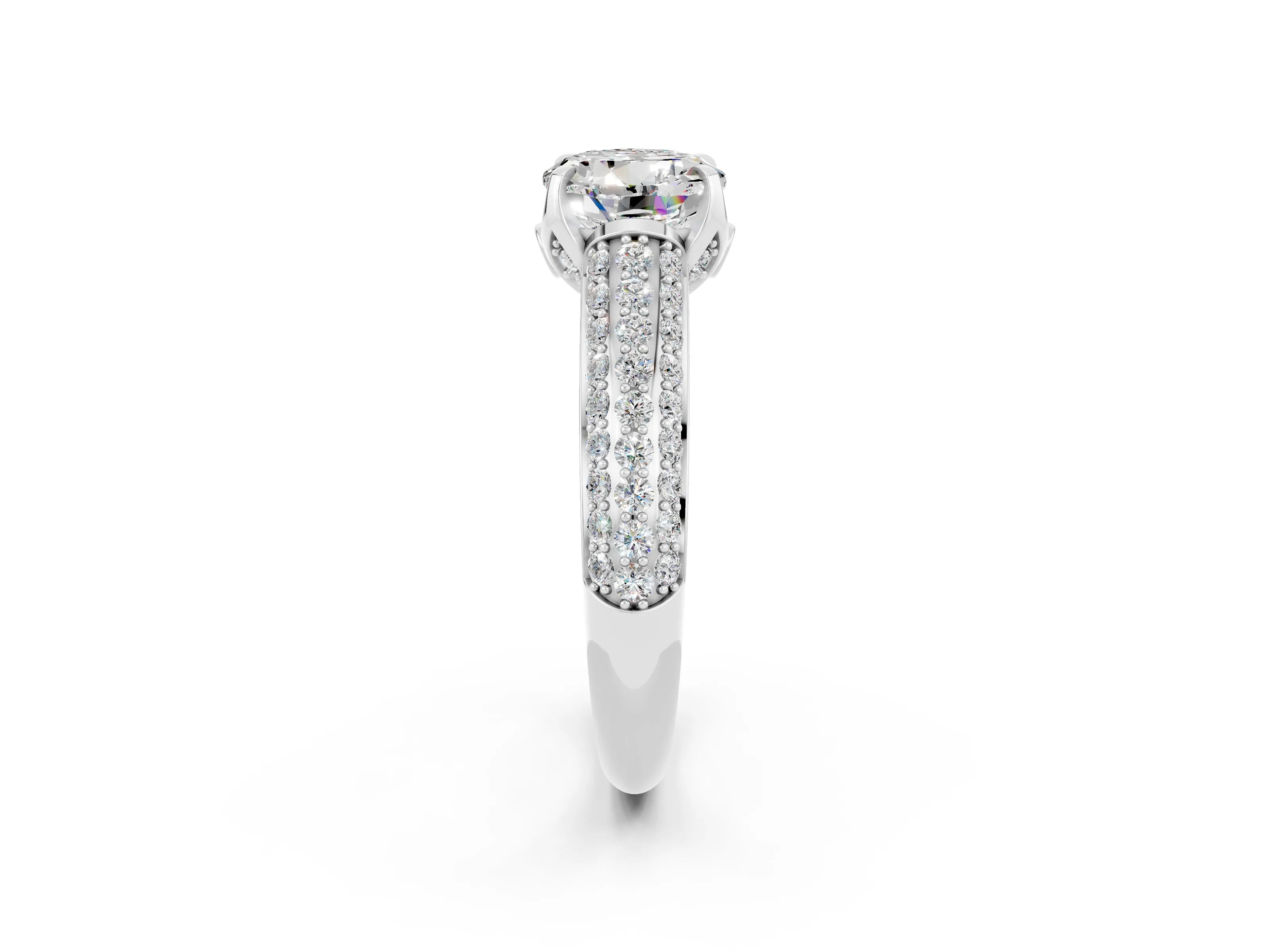 White gold Round Cut Moissanite Solitaire Ring with Three-Row Pavé Band and Four-Prong Setting_14