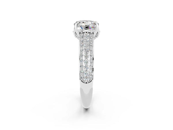 Platinum Round Cut Moissanite Solitaire Ring with Three-Row Pavé Band and Four-Prong Setting