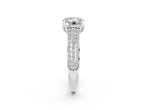 White gold Round Cut Moissanite Solitaire Ring with Three-Row Pavé Band and Four-Prong Setting_14