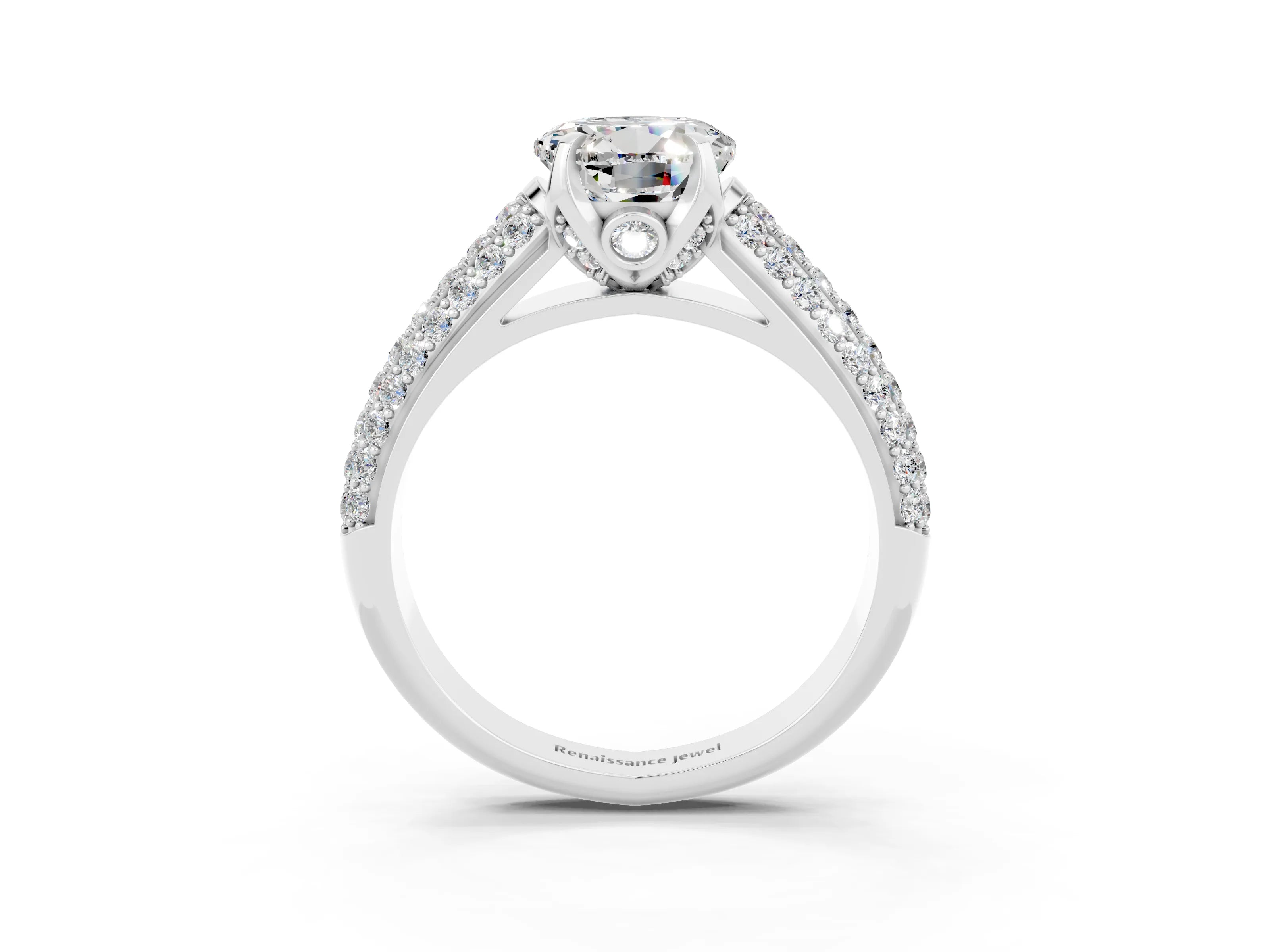 White gold Round Cut Moissanite Solitaire Ring with Three-Row Pavé Band and Four-Prong Setting_15
