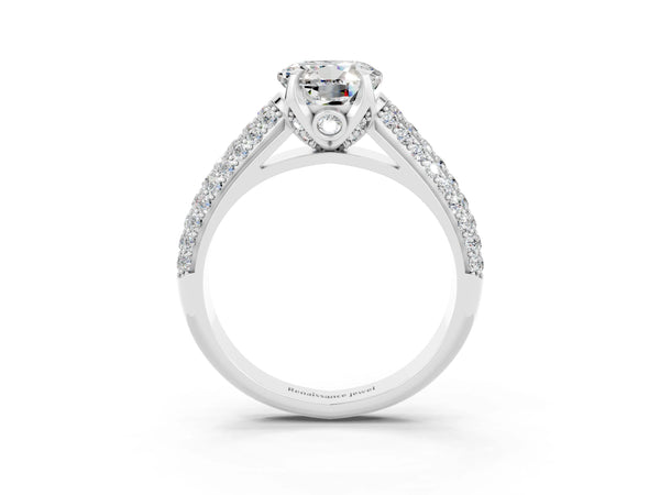 Platinum Round Cut Moissanite Solitaire Ring with Three-Row Pavé Band and Four-Prong Setting