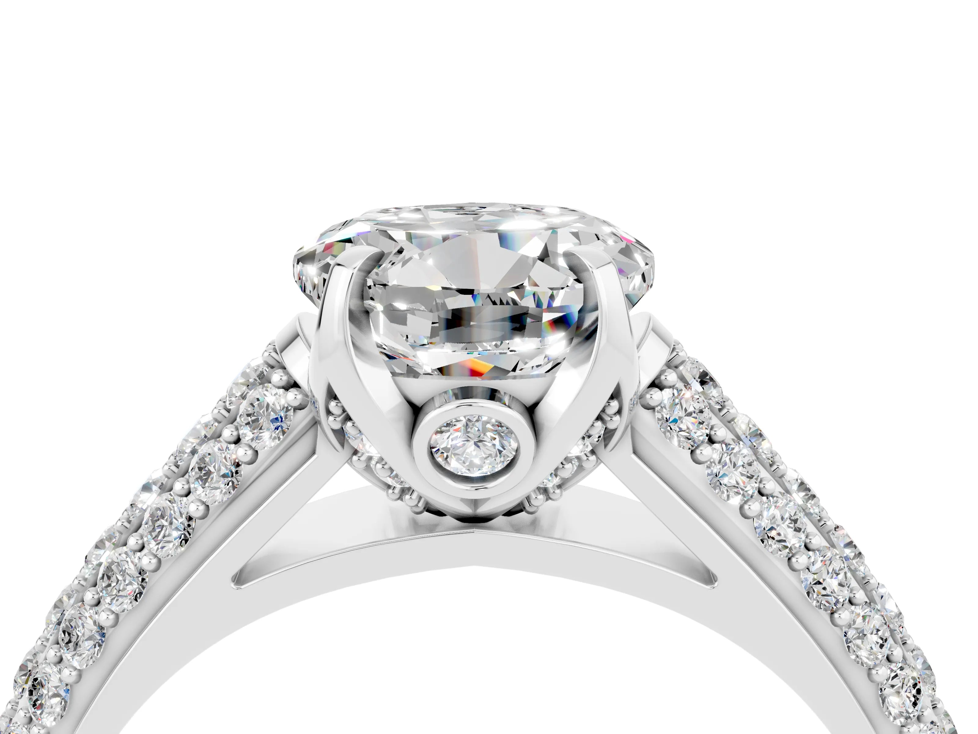 White gold Round Cut Moissanite Solitaire Ring with Three-Row Pavé Band and Four-Prong Setting_16
