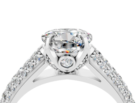 White gold Round Cut Moissanite Solitaire Ring with Three-Row Pavé Band and Four-Prong Setting_16