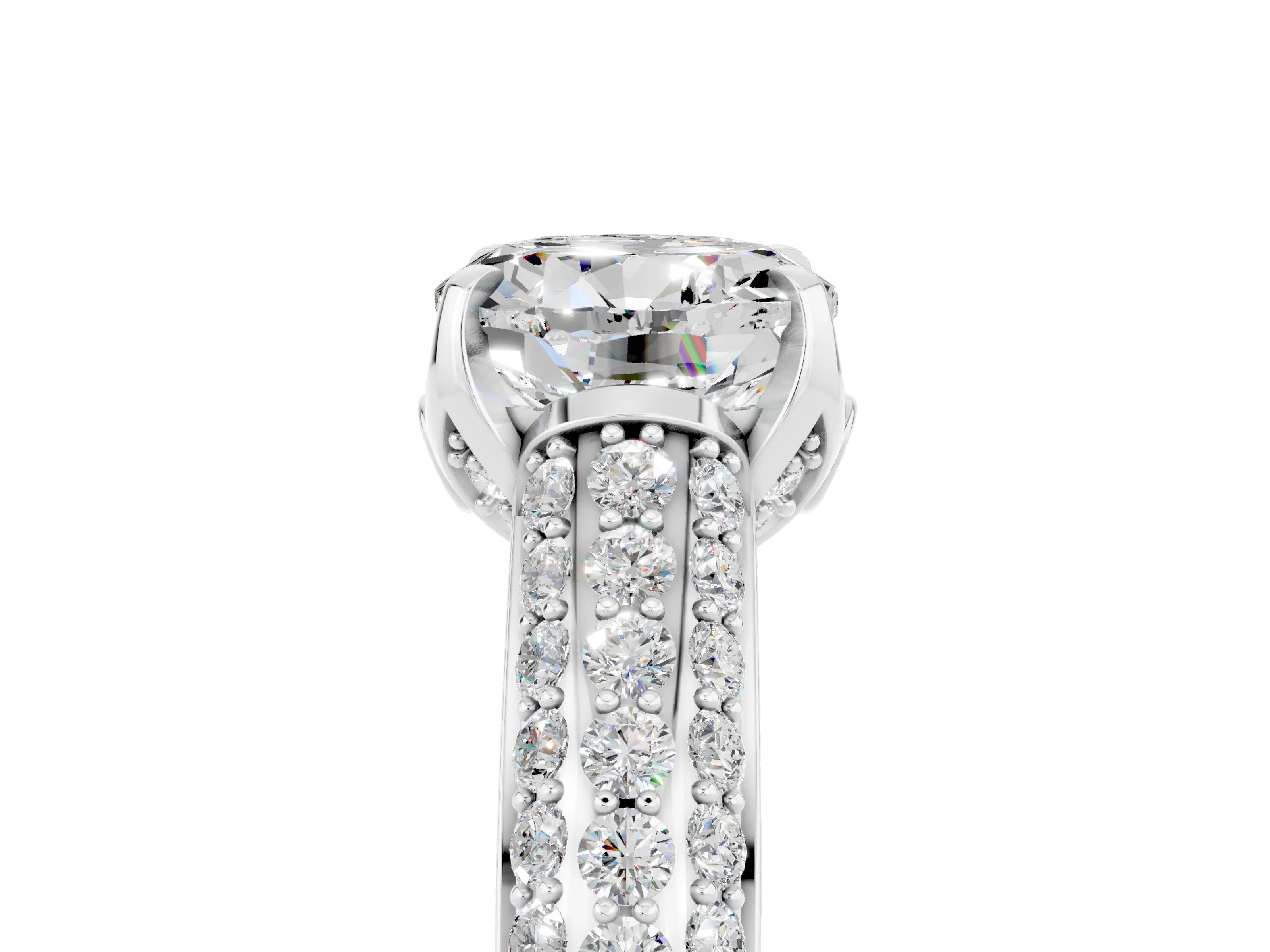 White gold Round Cut Moissanite Solitaire Ring with Three-Row Pavé Band and Four-Prong Setting_17