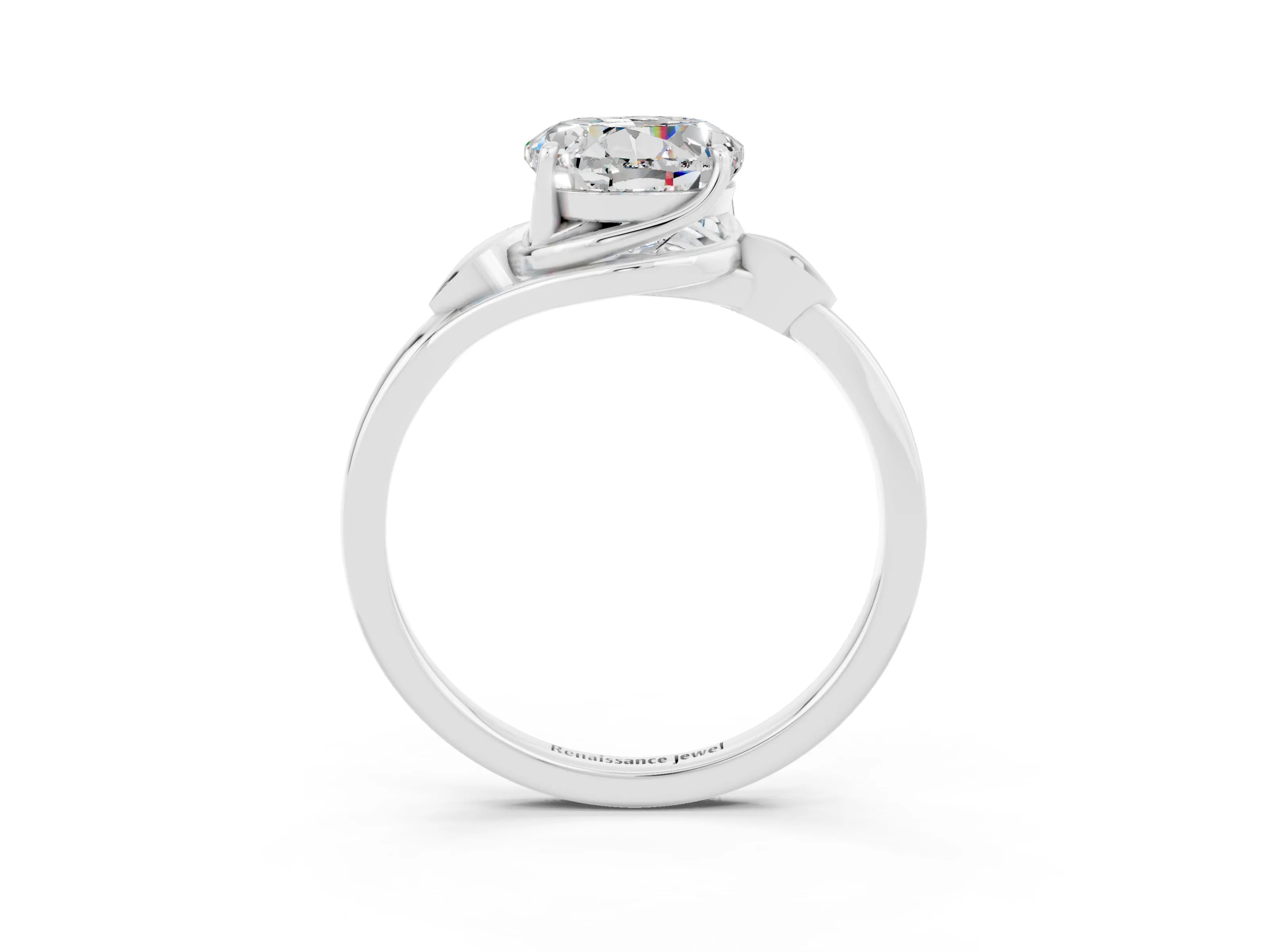 White gold Round Cut Moissanite Solitaire Ring with Twist Band and Four-Prong Setting_15