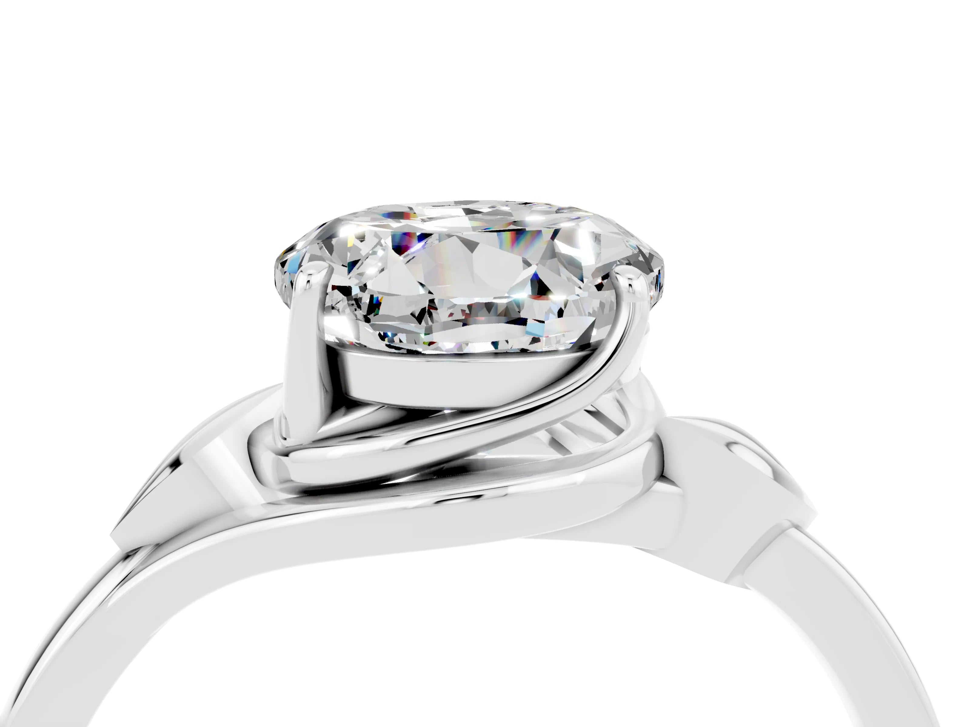 White gold Round Cut Moissanite Solitaire Ring with Twist Band and Four-Prong Setting_16