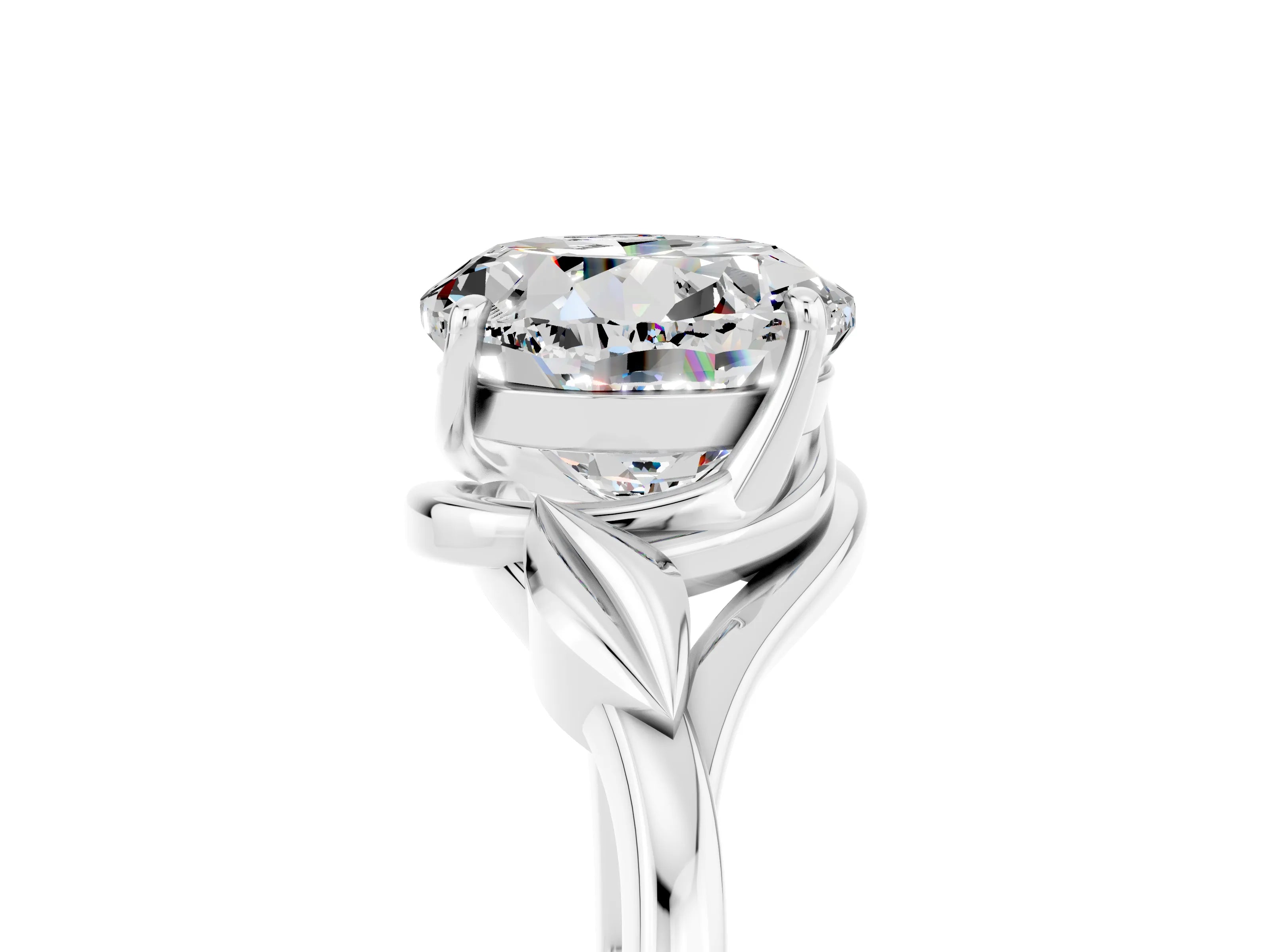 White gold Round Cut Moissanite Solitaire Ring with Twist Band and Four-Prong Setting_17