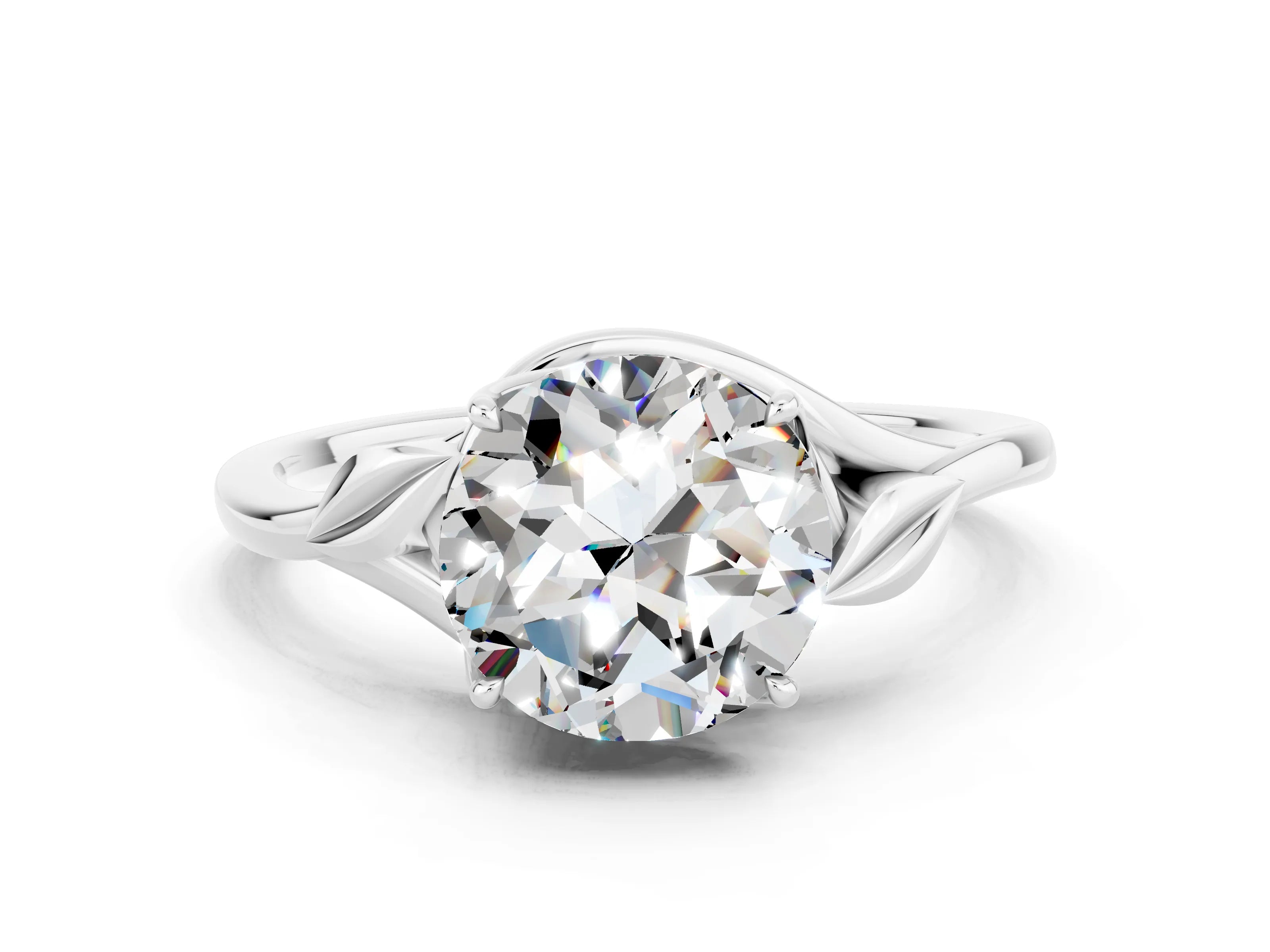 White gold Round Cut Moissanite Solitaire Ring with Twist Band and Four-Prong Setting_36