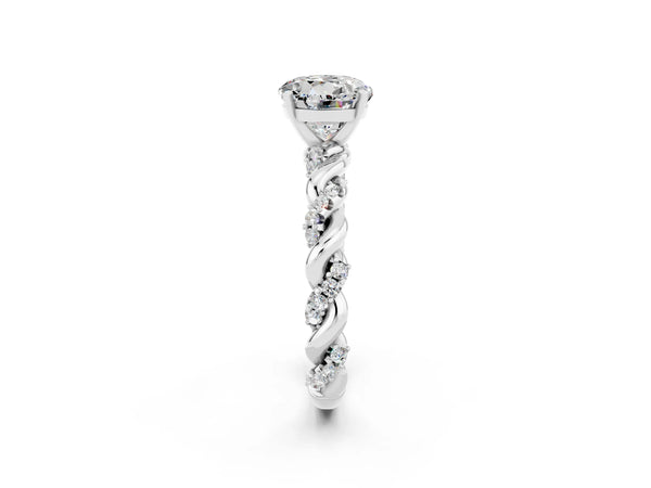 Platinum Round Cut Moissanite Solitaire Ring with Twisted Band and Pavé Accents