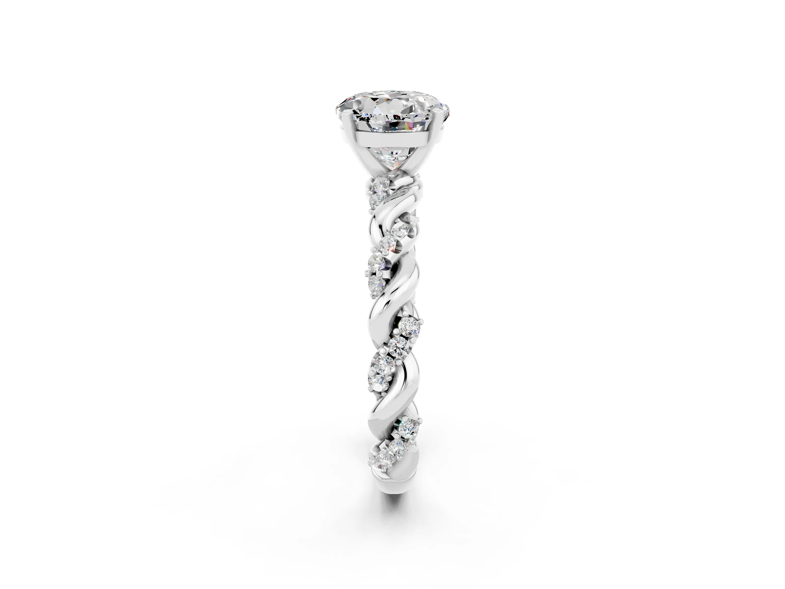 White gold Round Cut Moissanite Solitaire Ring with Twisted Band and Pavé Accents_2