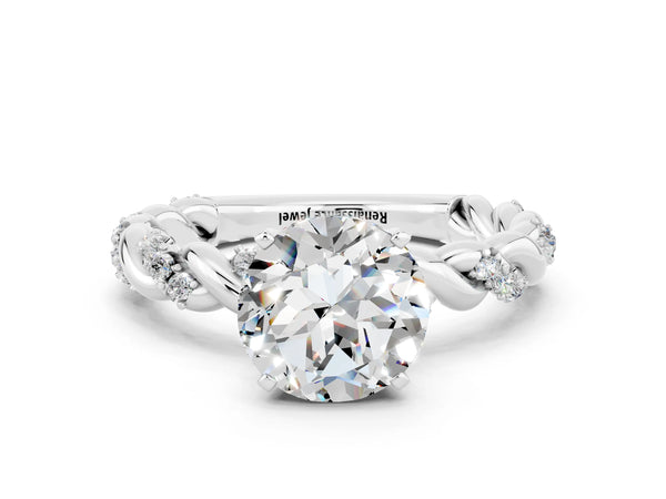 Silver Round Cut Moissanite Solitaire Ring with Twisted Band and Pavé Accents