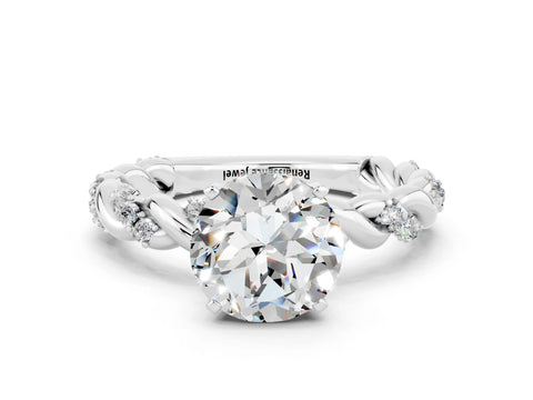 White gold Round Cut Moissanite Solitaire Ring with Twisted Band and Pavé Accents