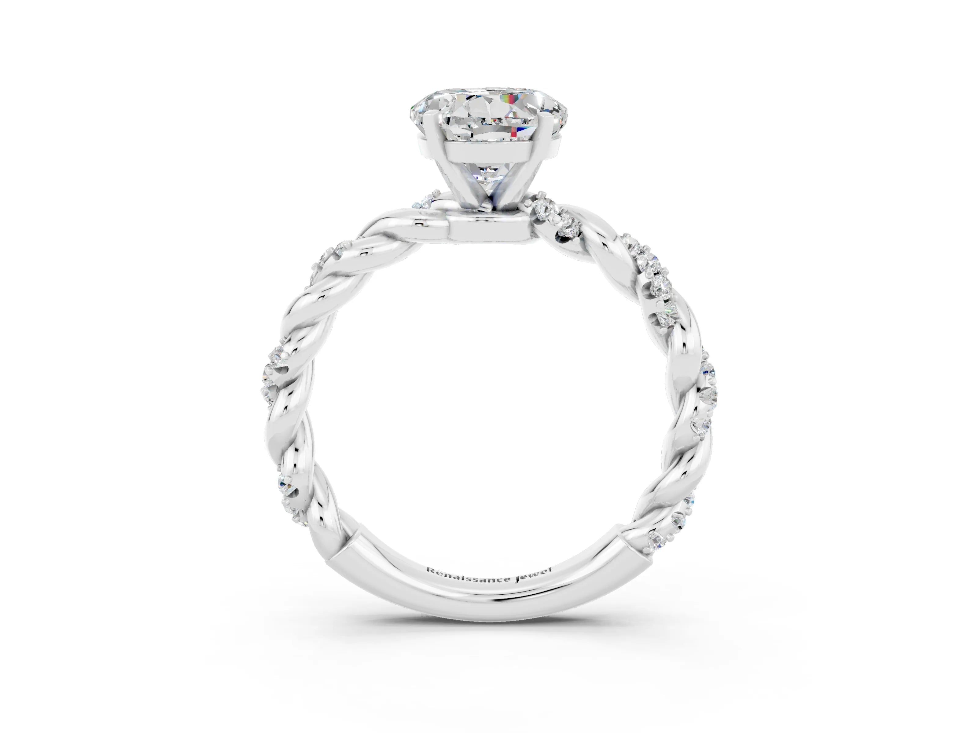 White gold Round Cut Moissanite Solitaire Ring with Twisted Band and Pavé Accents_3