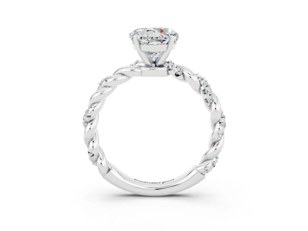Silver Round Cut Moissanite Solitaire Ring with Twisted Band and Pavé Accents