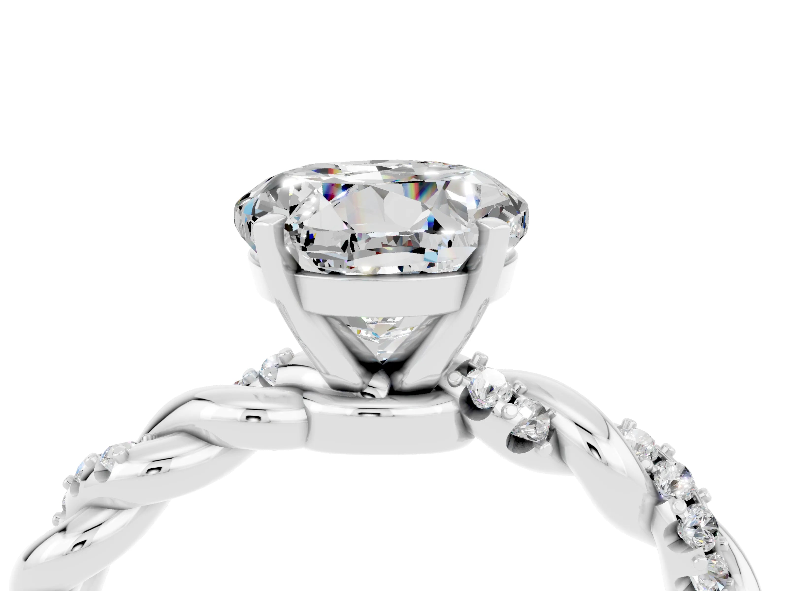 White gold Round Cut Moissanite Solitaire Ring with Twisted Band and Pavé Accents_4