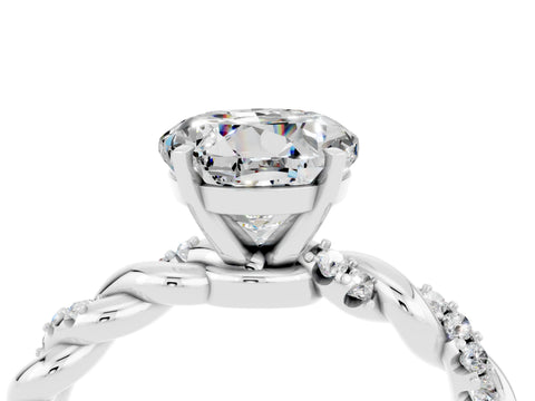 White gold Round Cut Moissanite Solitaire Ring with Twisted Band and Pavé Accents_4