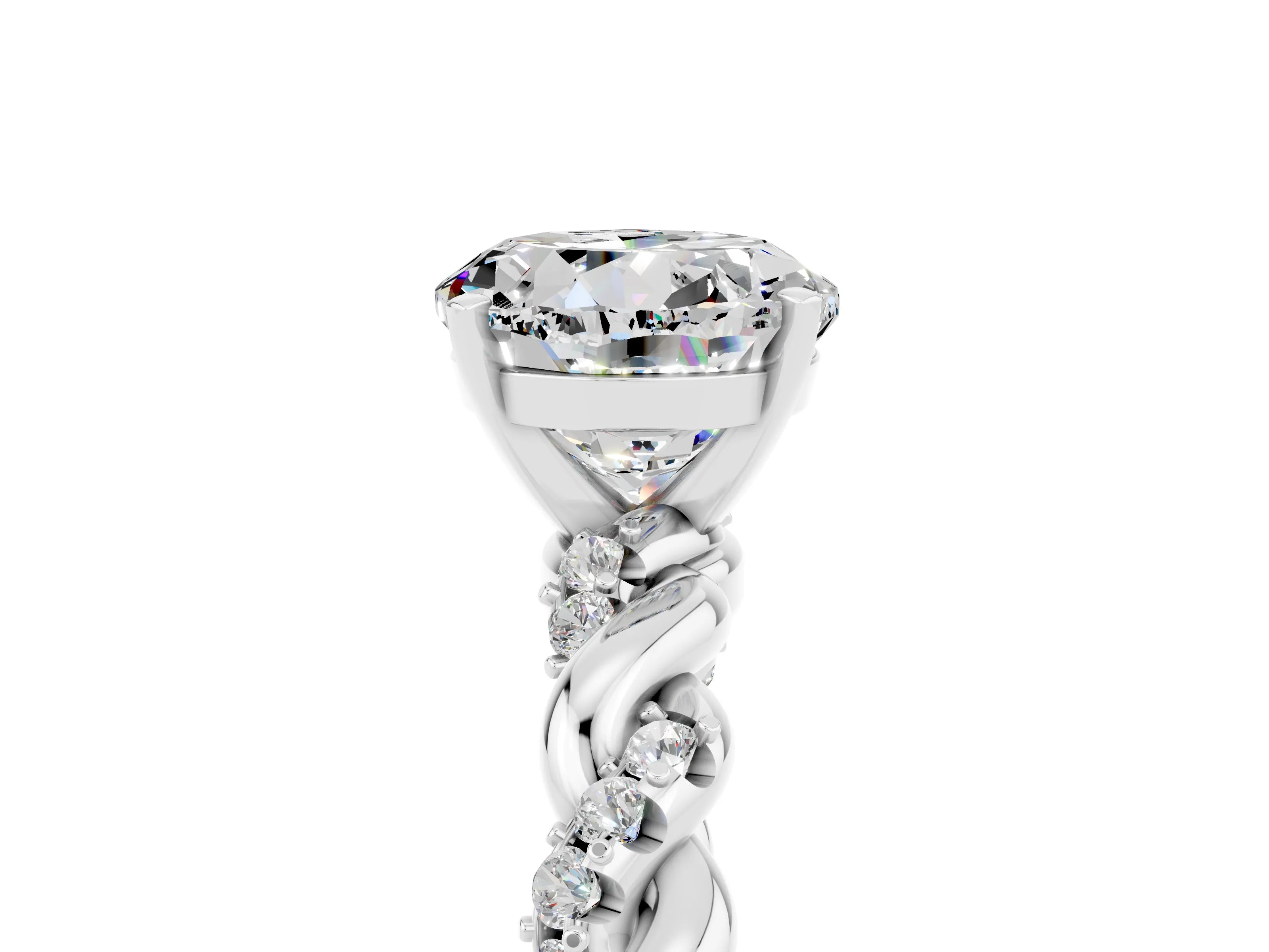 White gold Round Cut Moissanite Solitaire Ring with Twisted Band and Pavé Accents_5