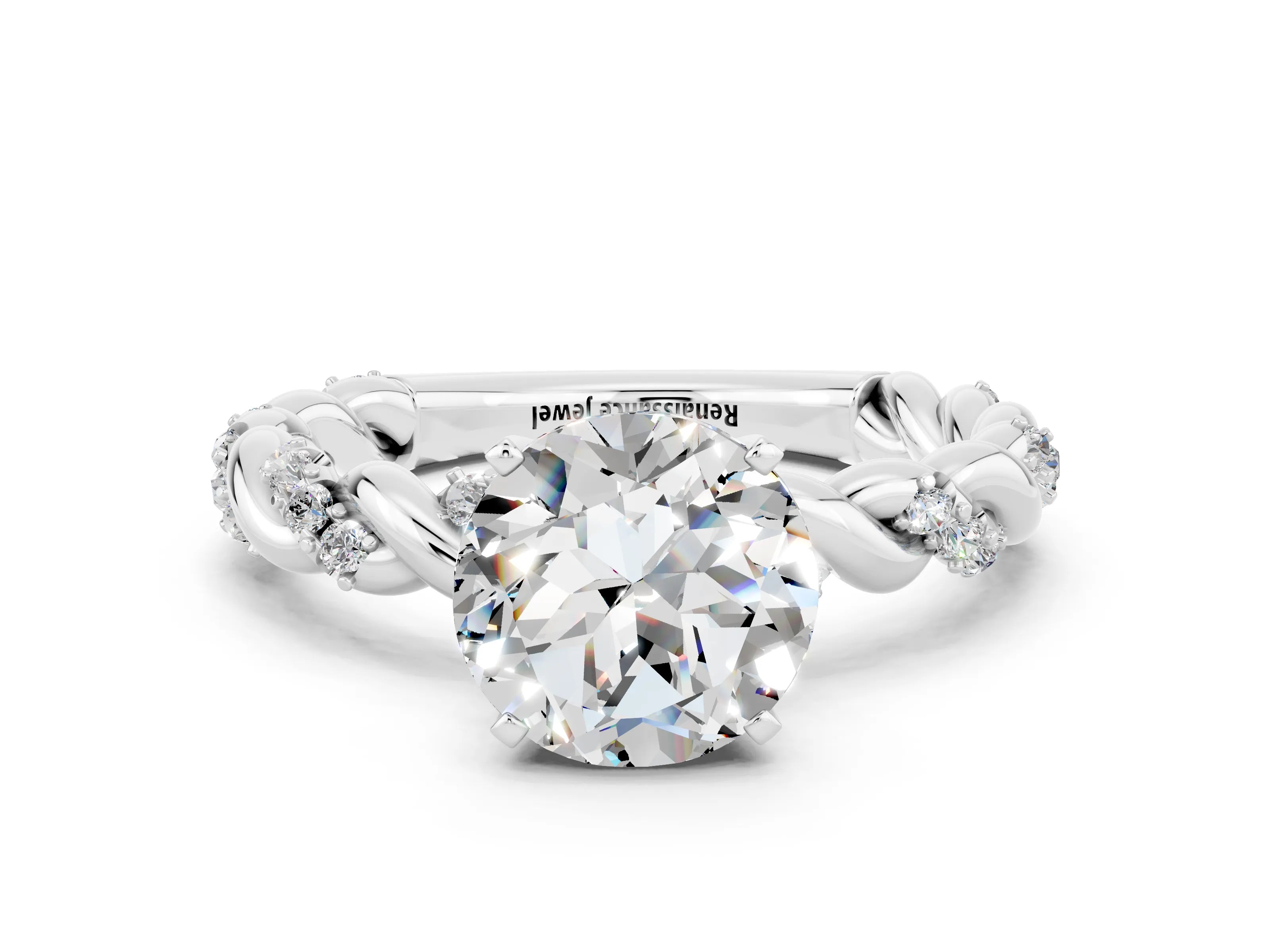 White gold Round Cut Moissanite Solitaire Ring with Twisted Band and Pavé Accents