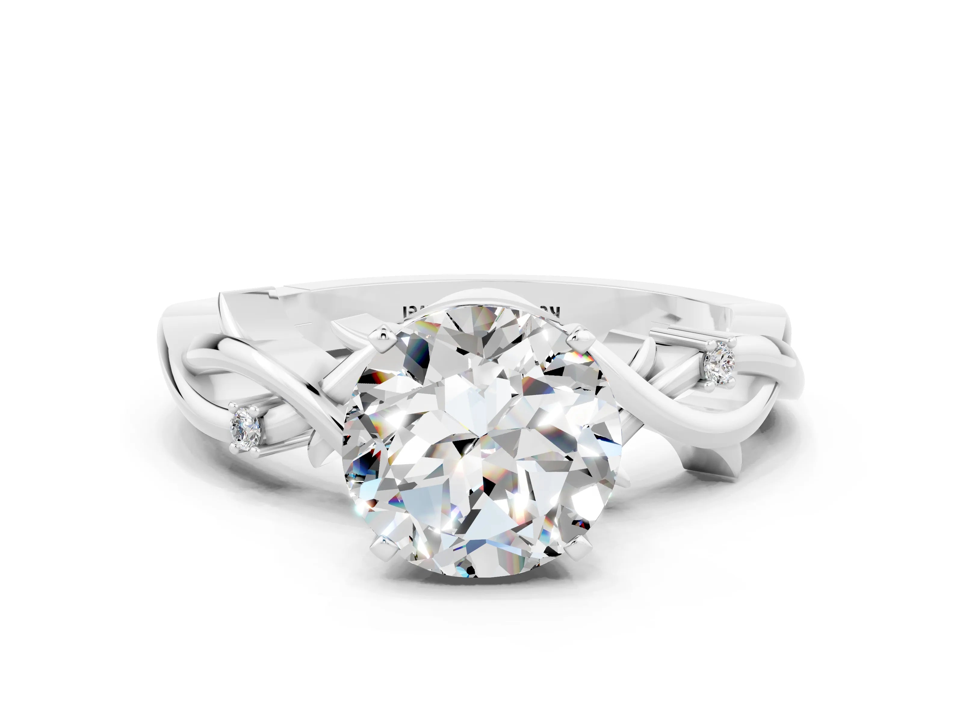 White gold Round Cut Moissanite Solitaire Ring with Twisted Band and Prong Setting