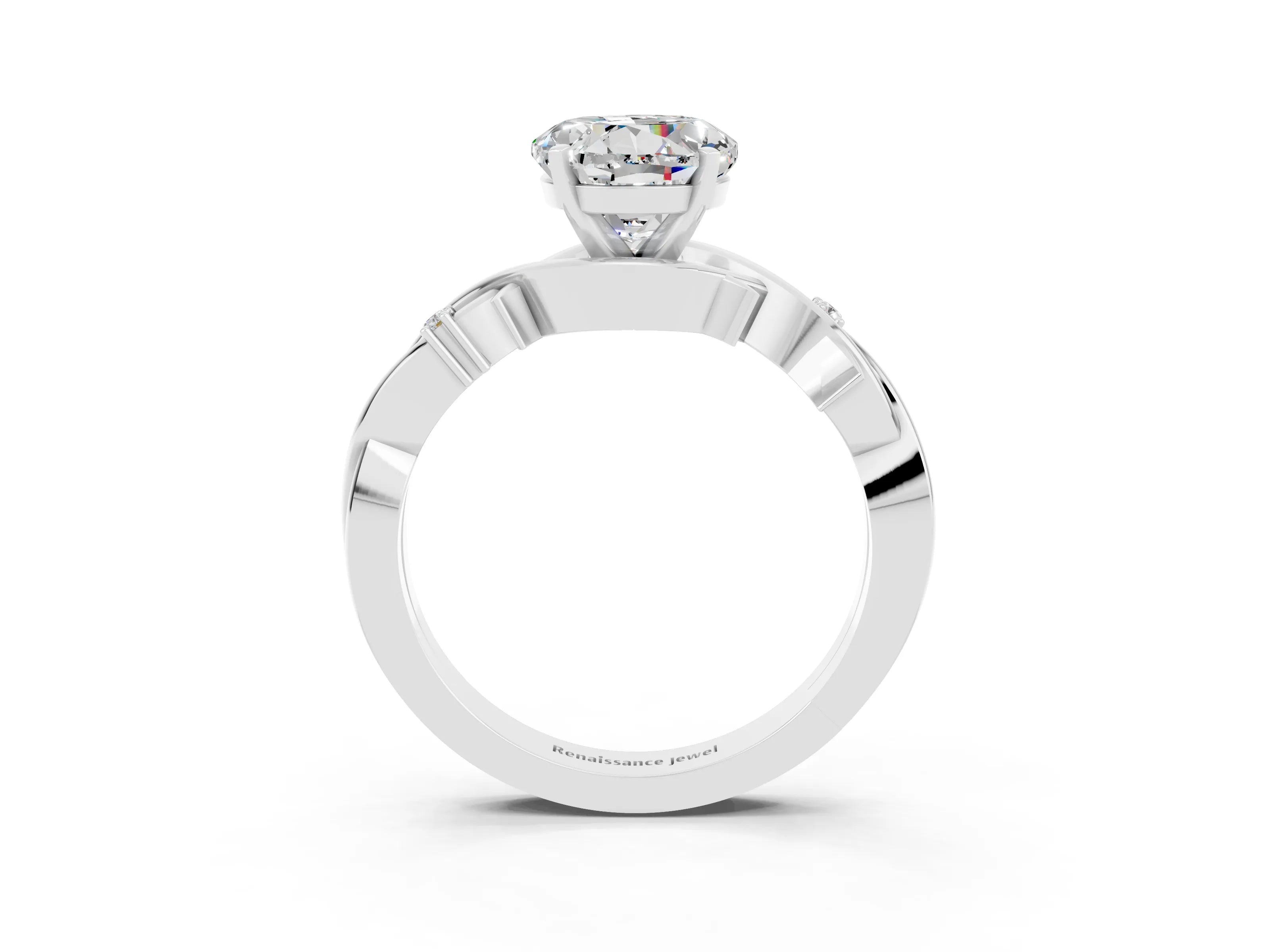 White gold Round Cut Moissanite Solitaire Ring with Twisted Band and Prong Setting_15