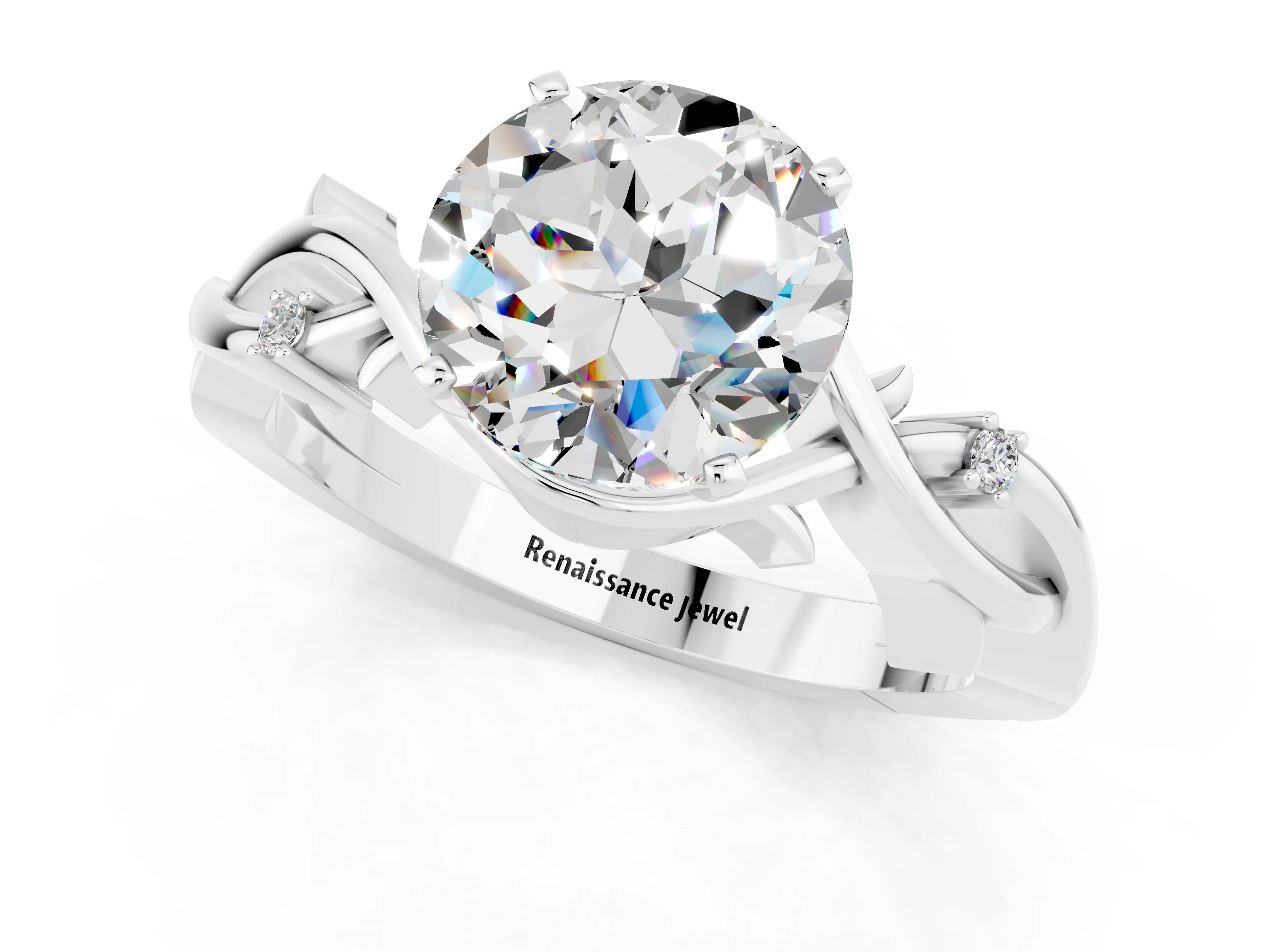 White gold Round Cut Moissanite Solitaire Ring with Twisted Band and Prong Setting_1