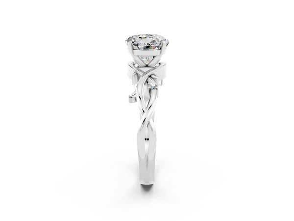 Silver Round Cut Moissanite Solitaire Ring with Twisted Band and Prong Setting