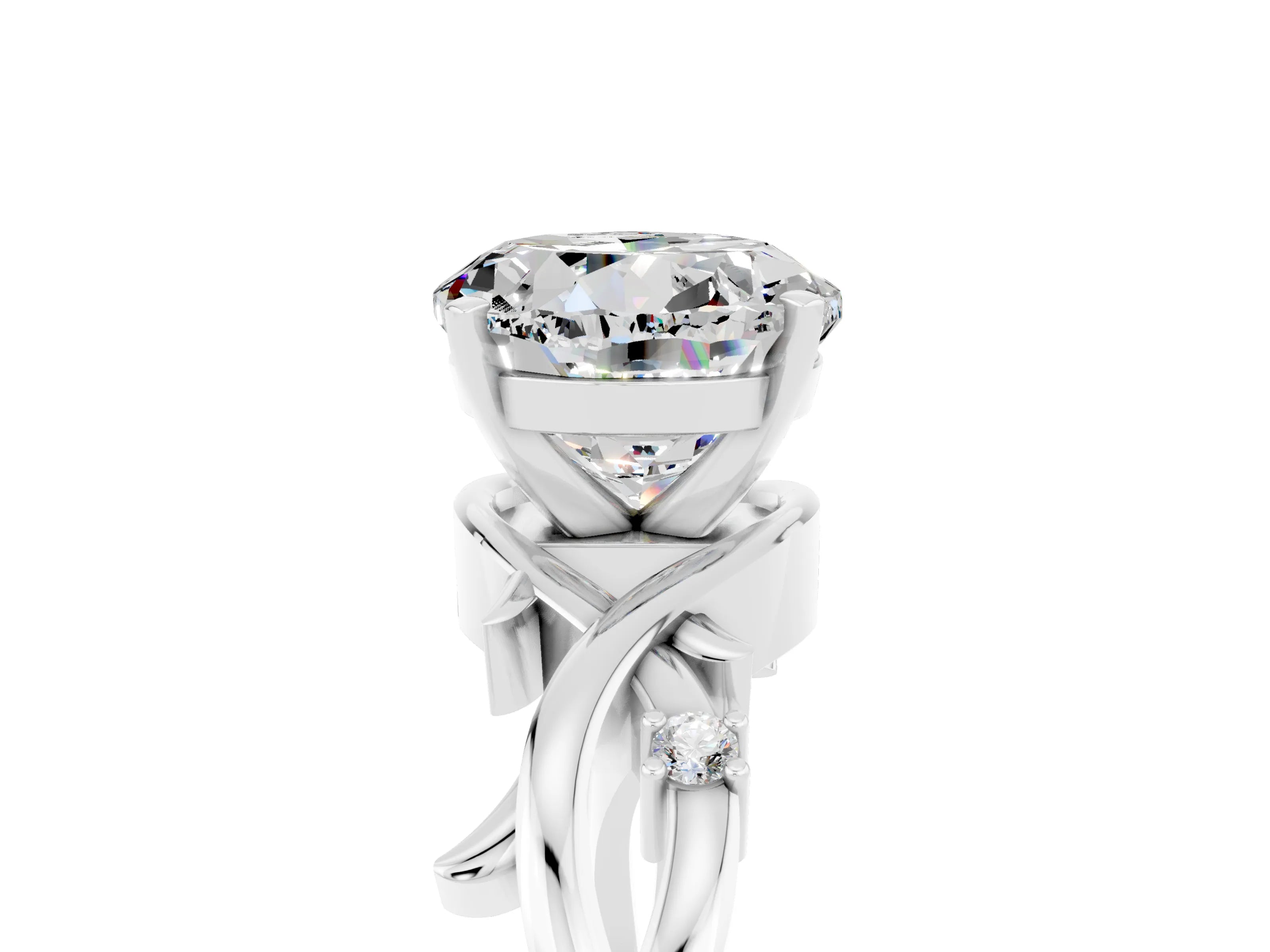 White gold Round Cut Moissanite Solitaire Ring with Twisted Band and Prong Setting_5