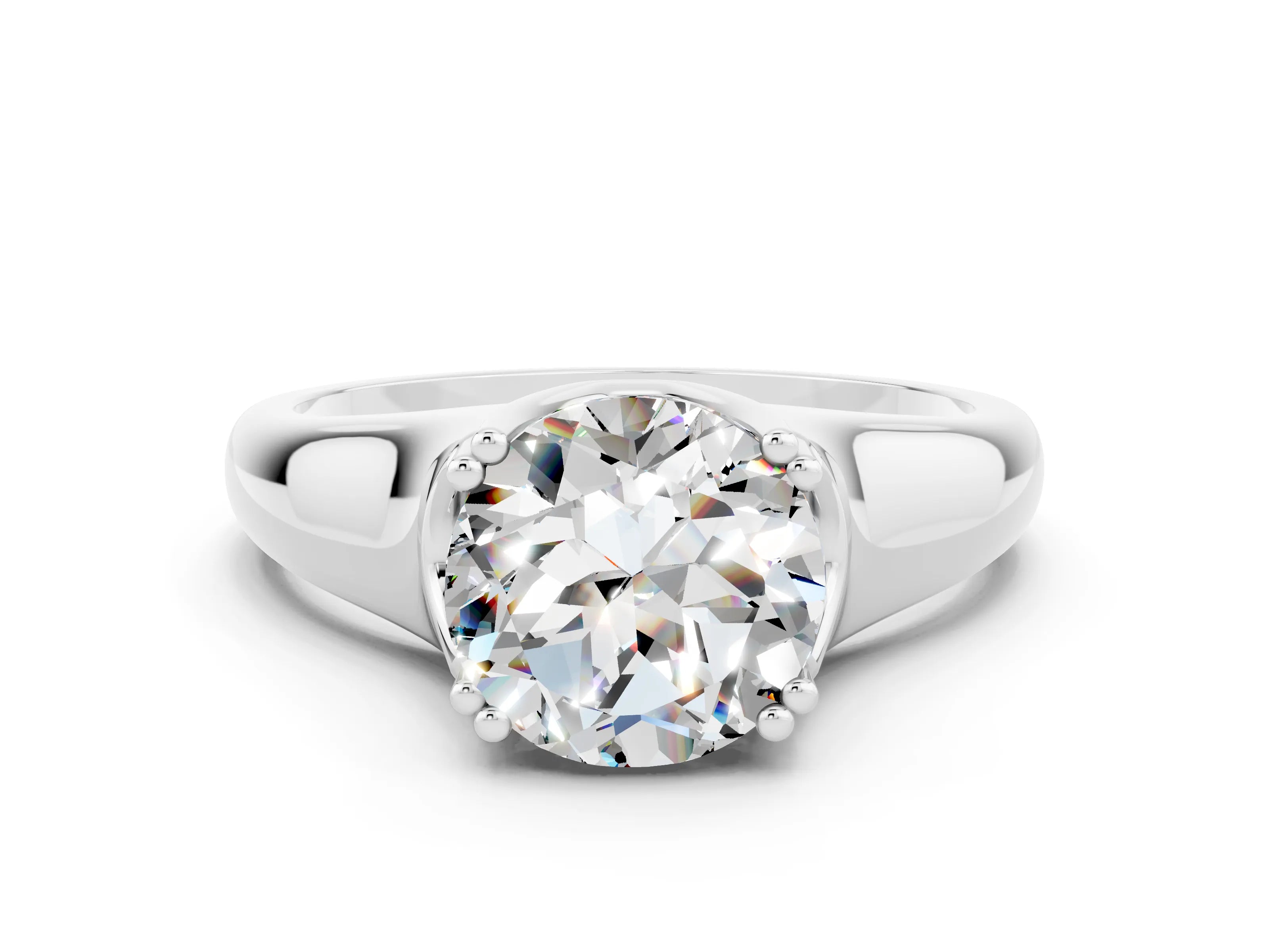 White gold Round Cut Moissanite Solitaire Ring with Wide Band and Prong Setting