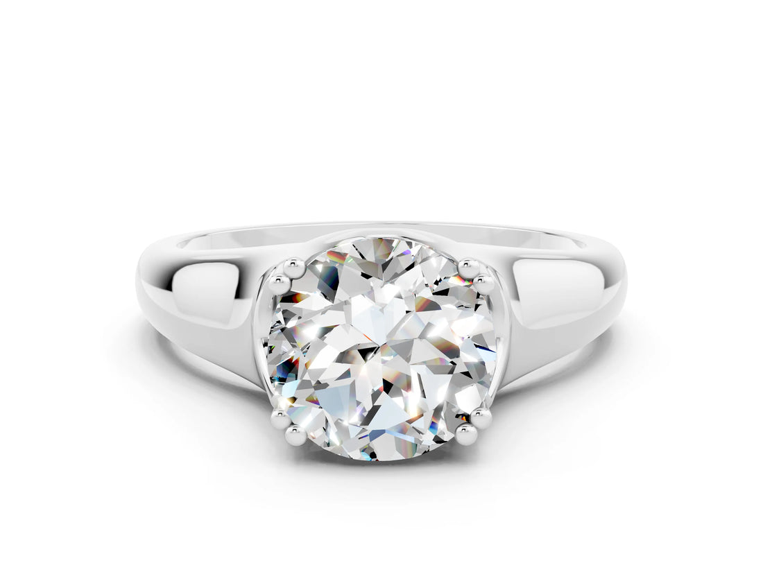 White gold Round Cut Moissanite Solitaire Ring with Wide Band and Prong Setting