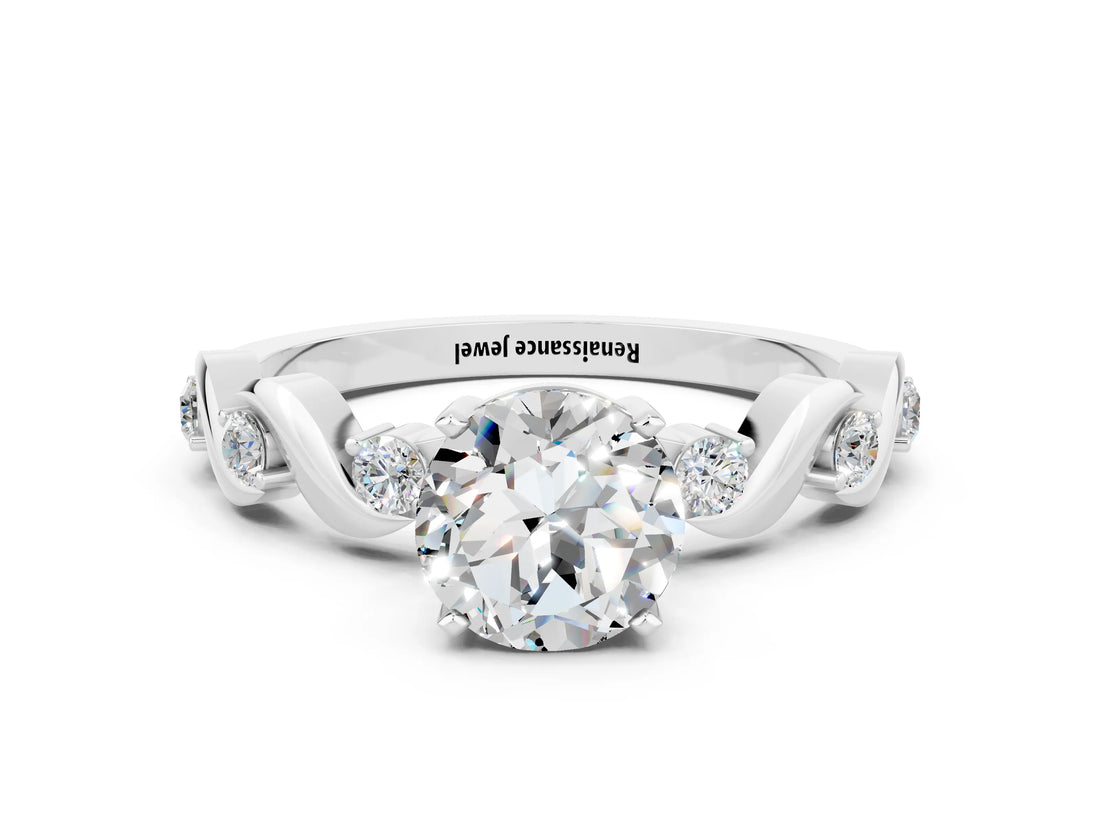 White gold Round Cut Moissanite Solitaire Twisted Band with Round  Accents and Prong Setting_12